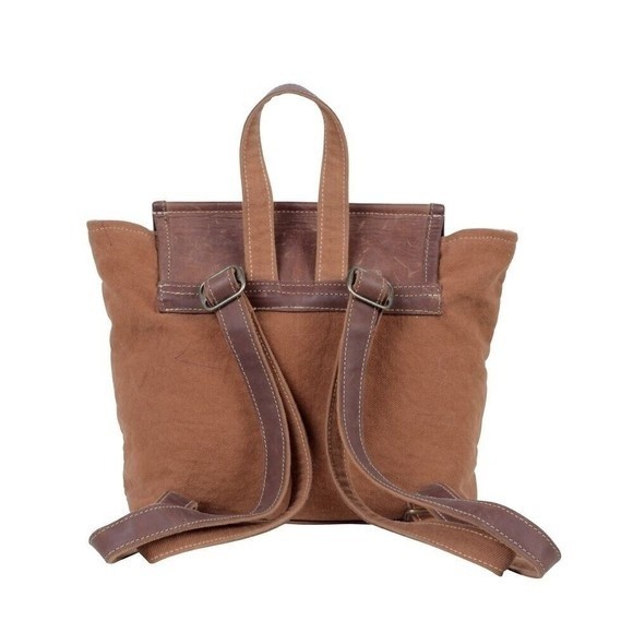 Myra Bag Handmade Terreous  Backpack Upcycled Canvas & Cowhide Leather - Picture 4 of 9